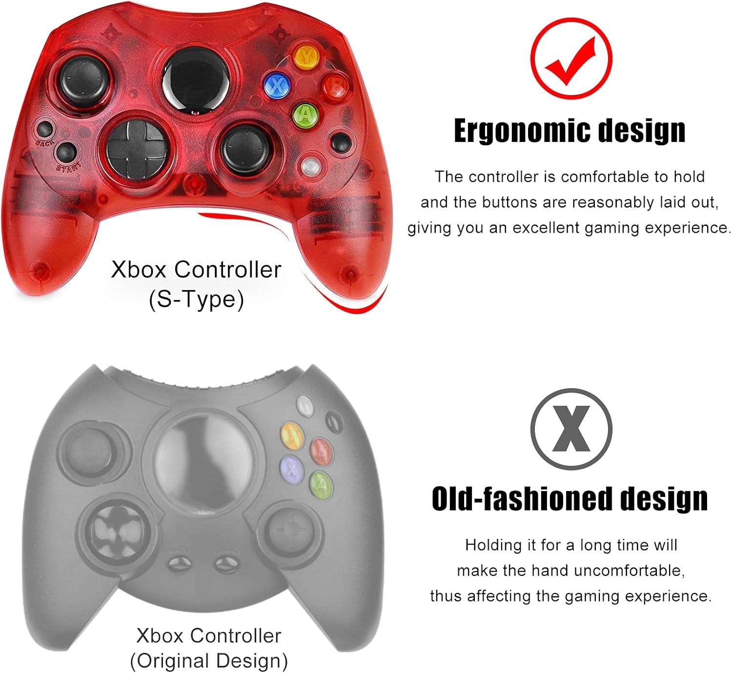 Controller Replacement for Xbox Controller S-Type/Original Xbox Controller,Classic Controller Compatible with Original Xbox Console(Pack of 2,Black and Ruby Red)