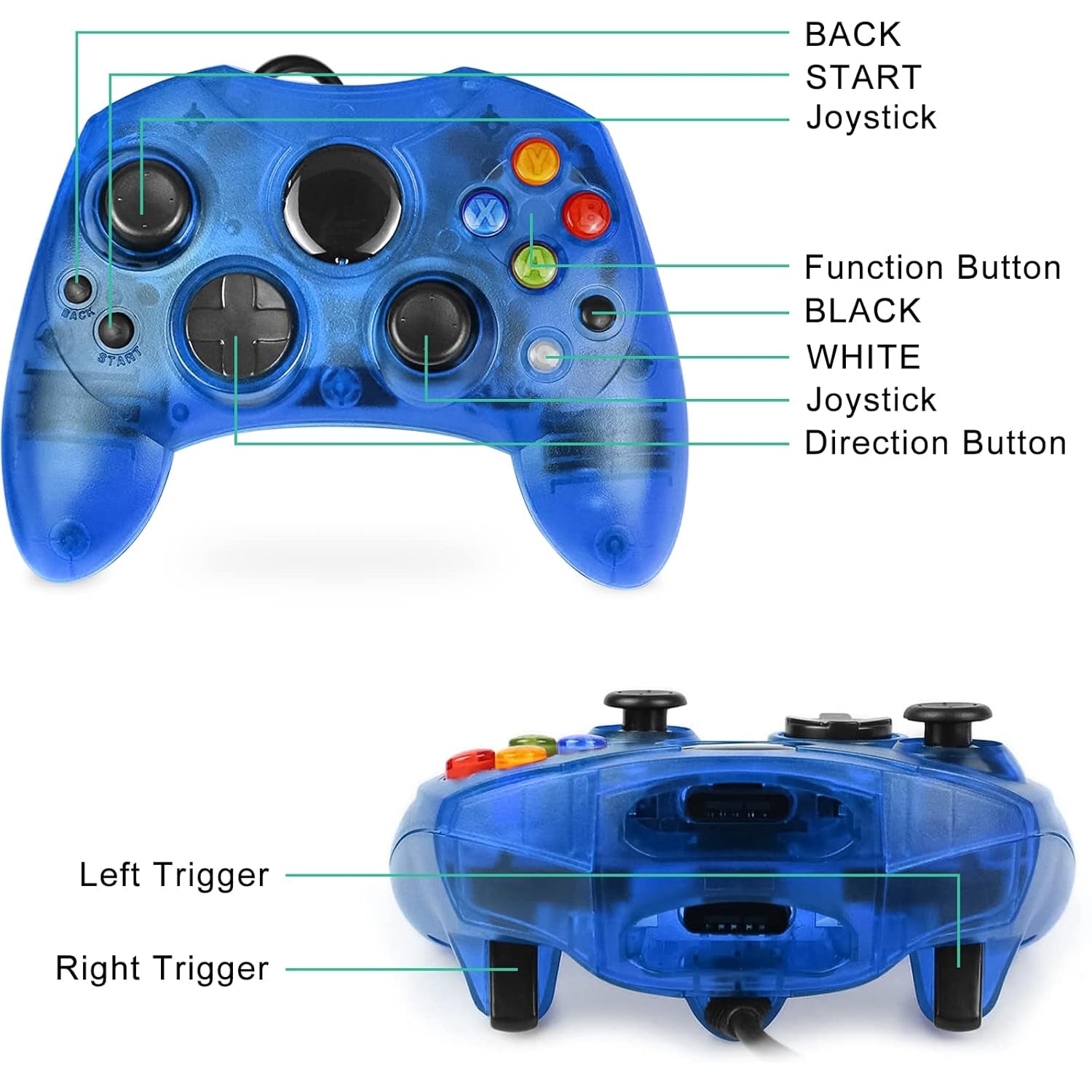 Controller Replacement for Xbox Controller S-Type/Original Xbox Controller,Classic Controller Compatible with Original Xbox Console(Pack of 2,Black and Sapphire Blue)