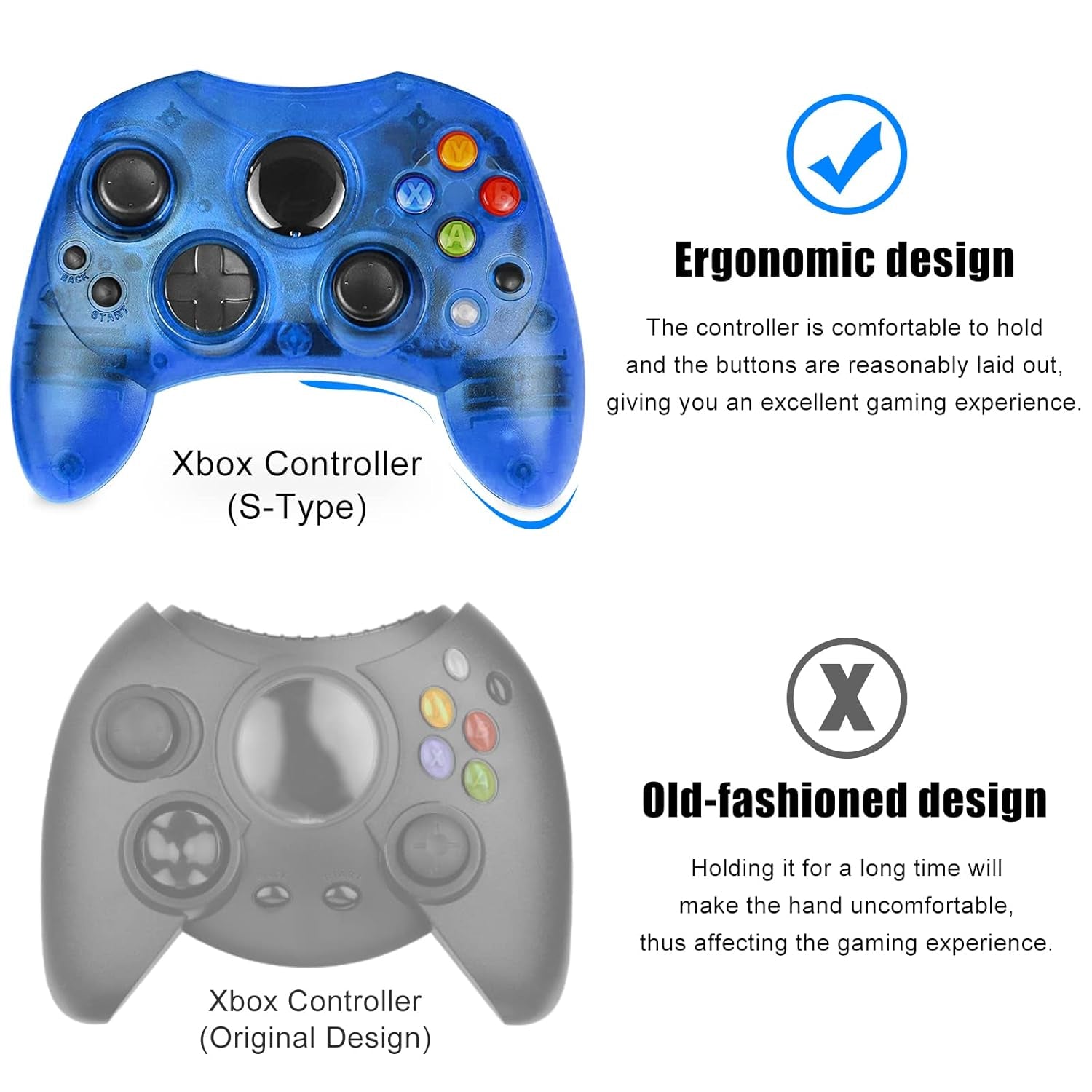 Controller Replacement for Xbox Controller S-Type/Original Xbox Controller,Classic Controller Compatible with Original Xbox Console(Pack of 2,Black and Sapphire Blue)